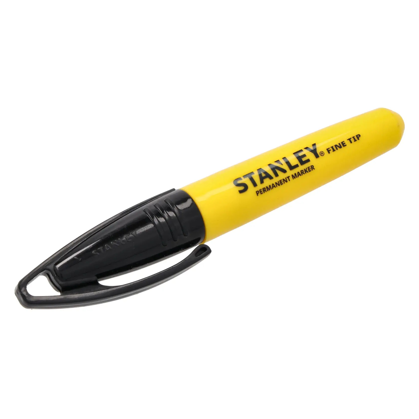STANLEY 1-47-324 fine tip permanent marker, yellow and black, angled side view on white background.
