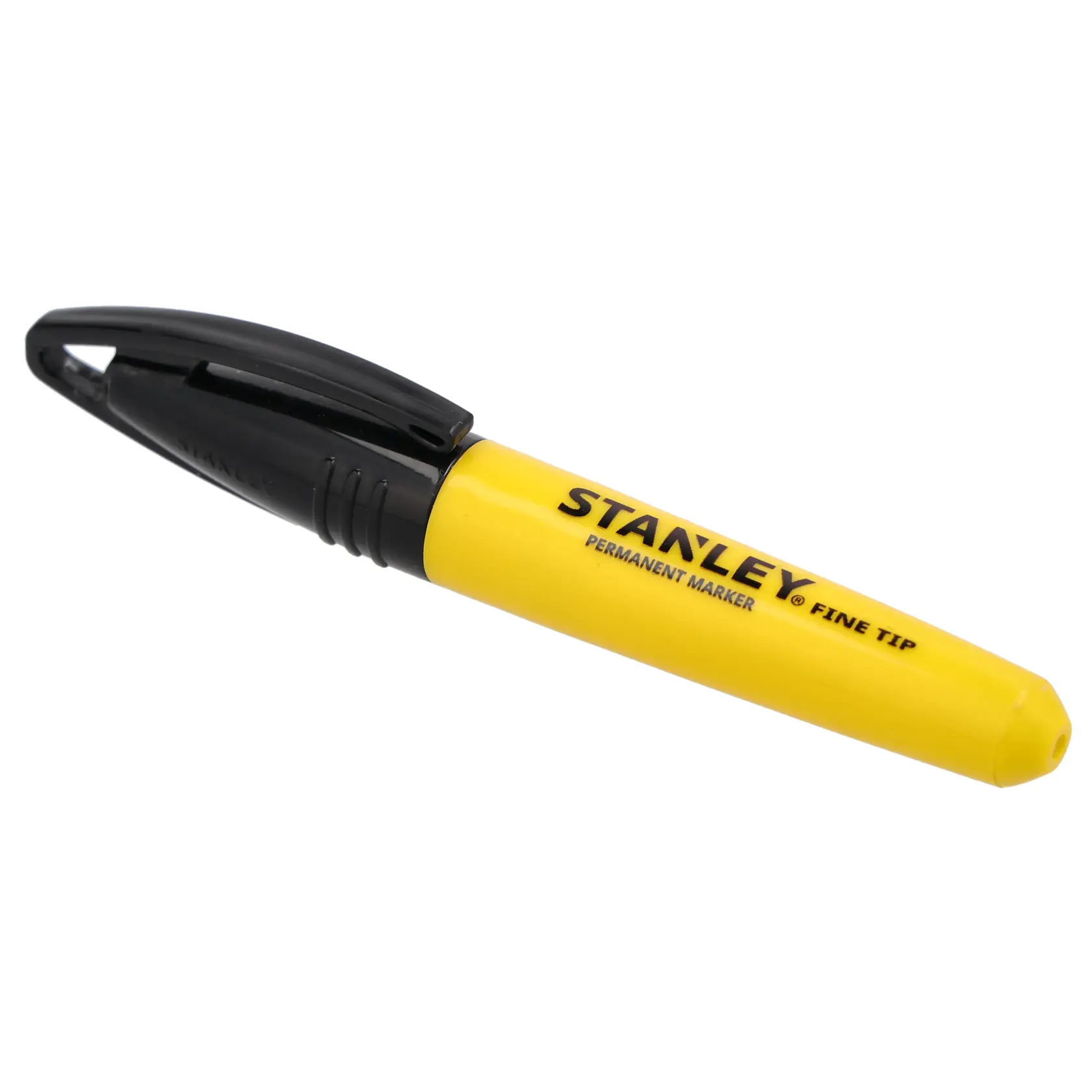 Photo of STANLEY 1-47-324 yellow permanent marker with fine tip and black cap, angled on white background.