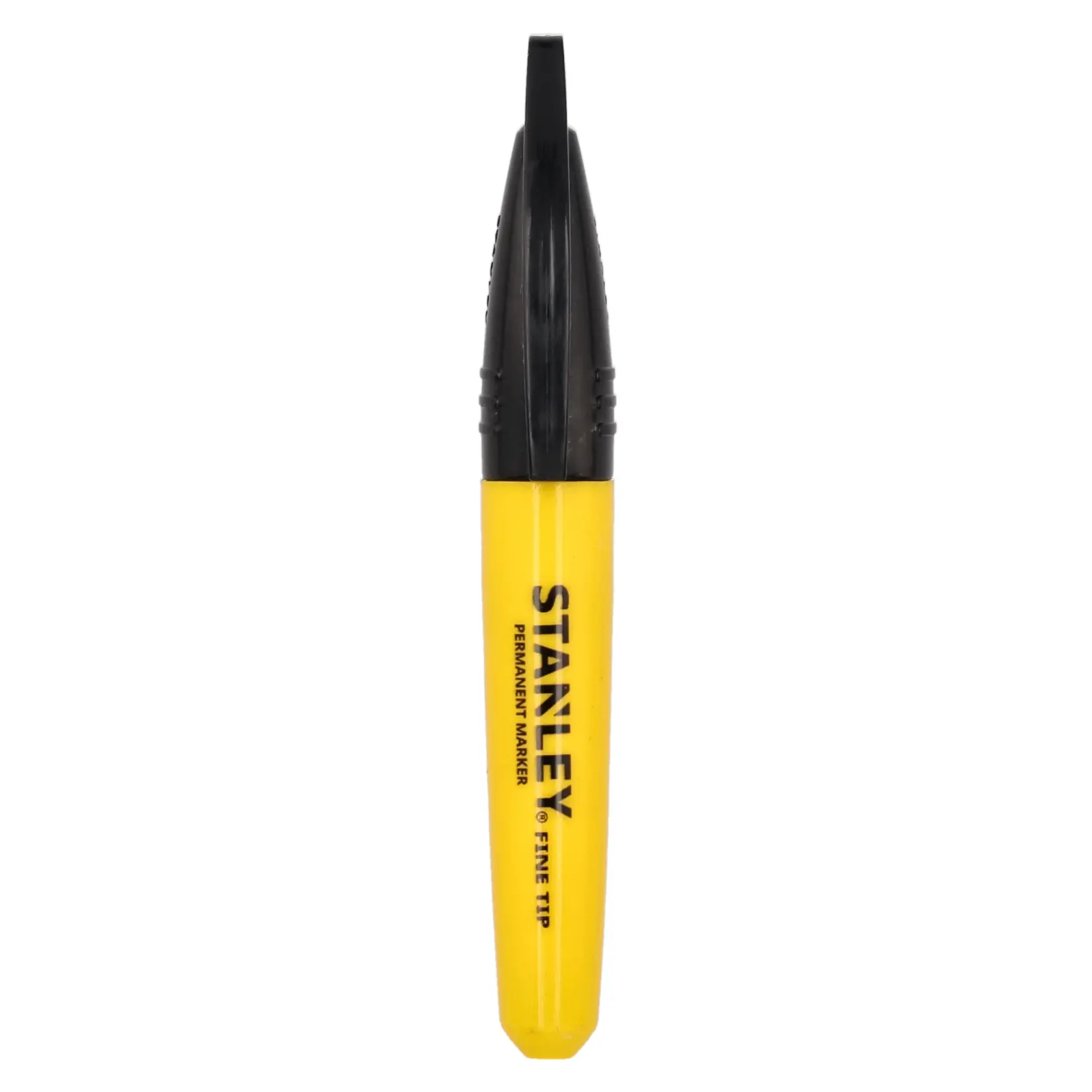 STANLEY 1-47-324 fine tip permanent marker, yellow body, black cap, front angle photo.