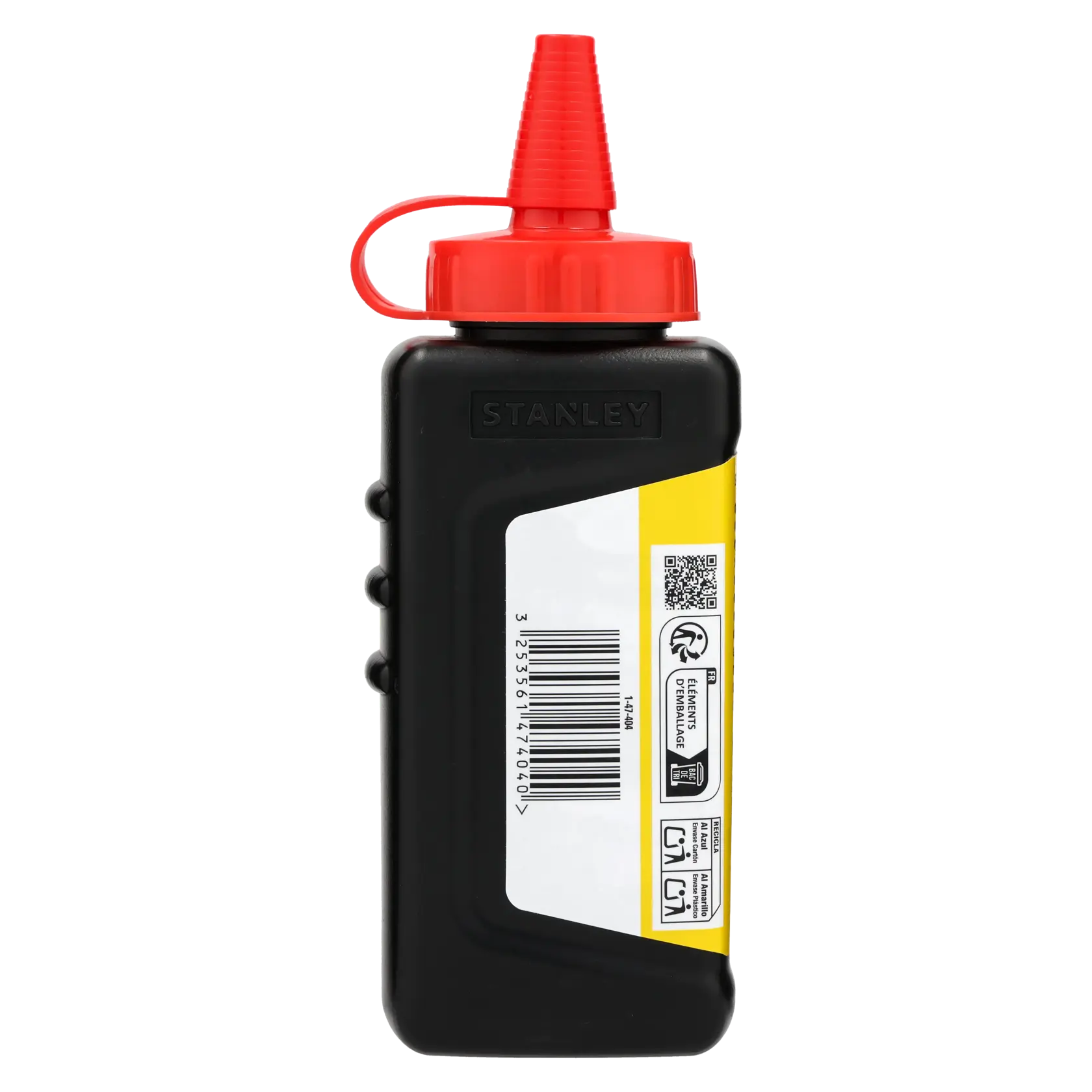 STANLEY 1-47-404 chalk powder bottle with red cap, product photography, side angle, black container.