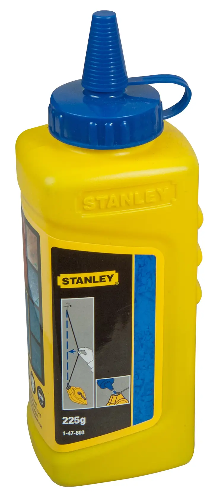 STANLEY 1-47-803 chalk refill, yellow plastic bottle with blue nozzle, angled view.