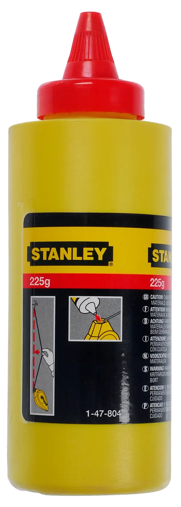 STANLEY 1-47-804 yellow chalk powder bottle, 225g, with red cap, front view, for marking lines.