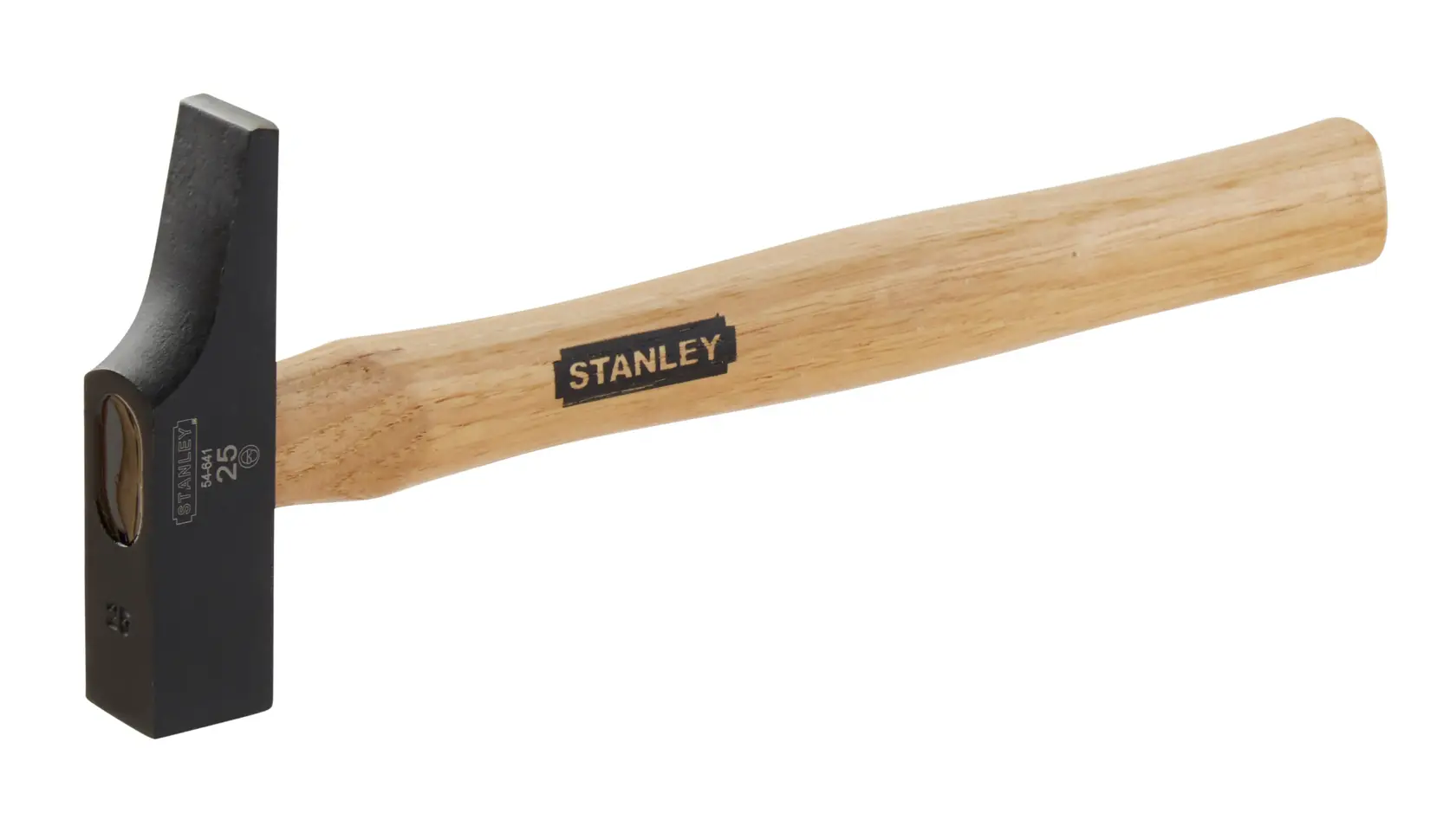 Stanley hammer with wooden handle and black metal head, shown against a white background.