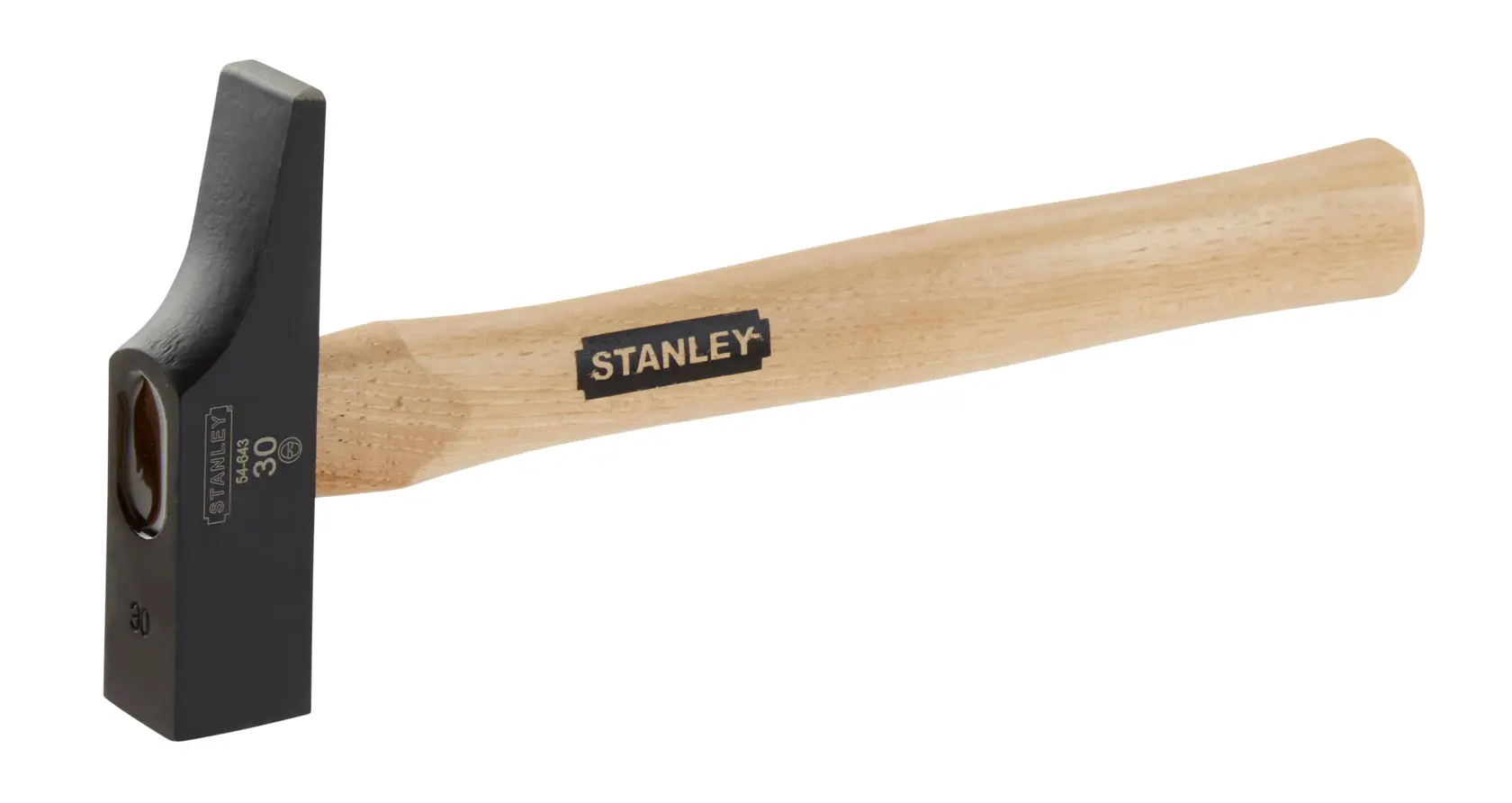STANLEY 1-54-643 black and wood bricklayer hammer, side angle, wood handle, visible logo.