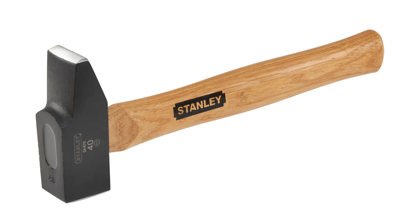 STANLEY hammer with wooden handle and rectangular steel head, tool for construction or carpentry.