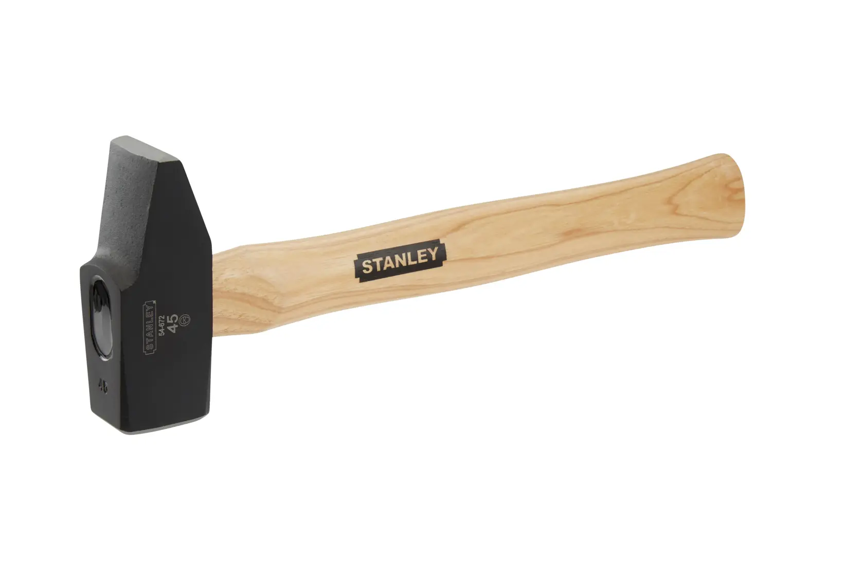 Photo of STANLEY 1-54-672 blacksmith hammer with natural wood handle, side angle, white background.