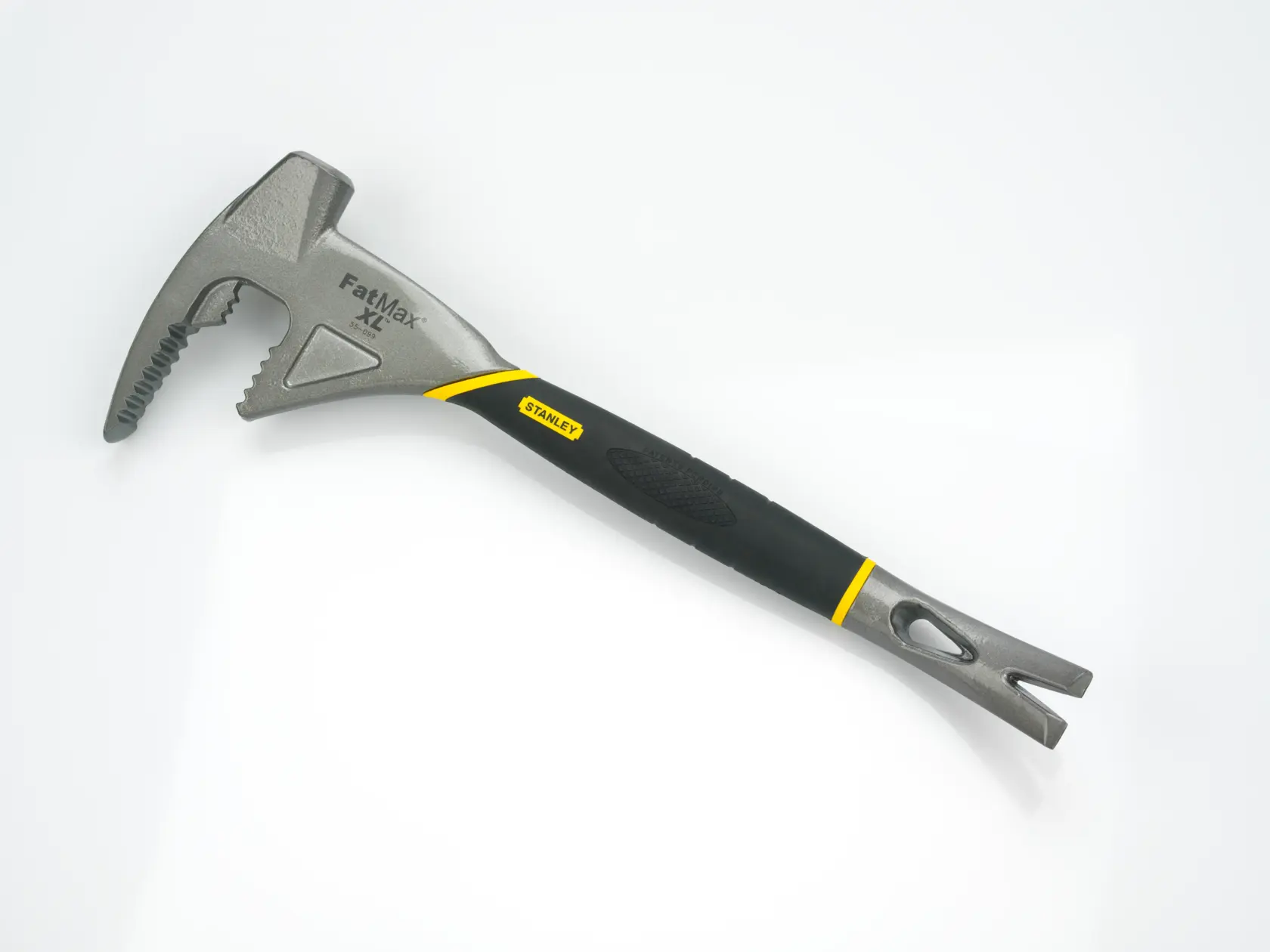 STANLEY 1-55-099 FatMax claw bar with black and yellow handle, photography on white background.