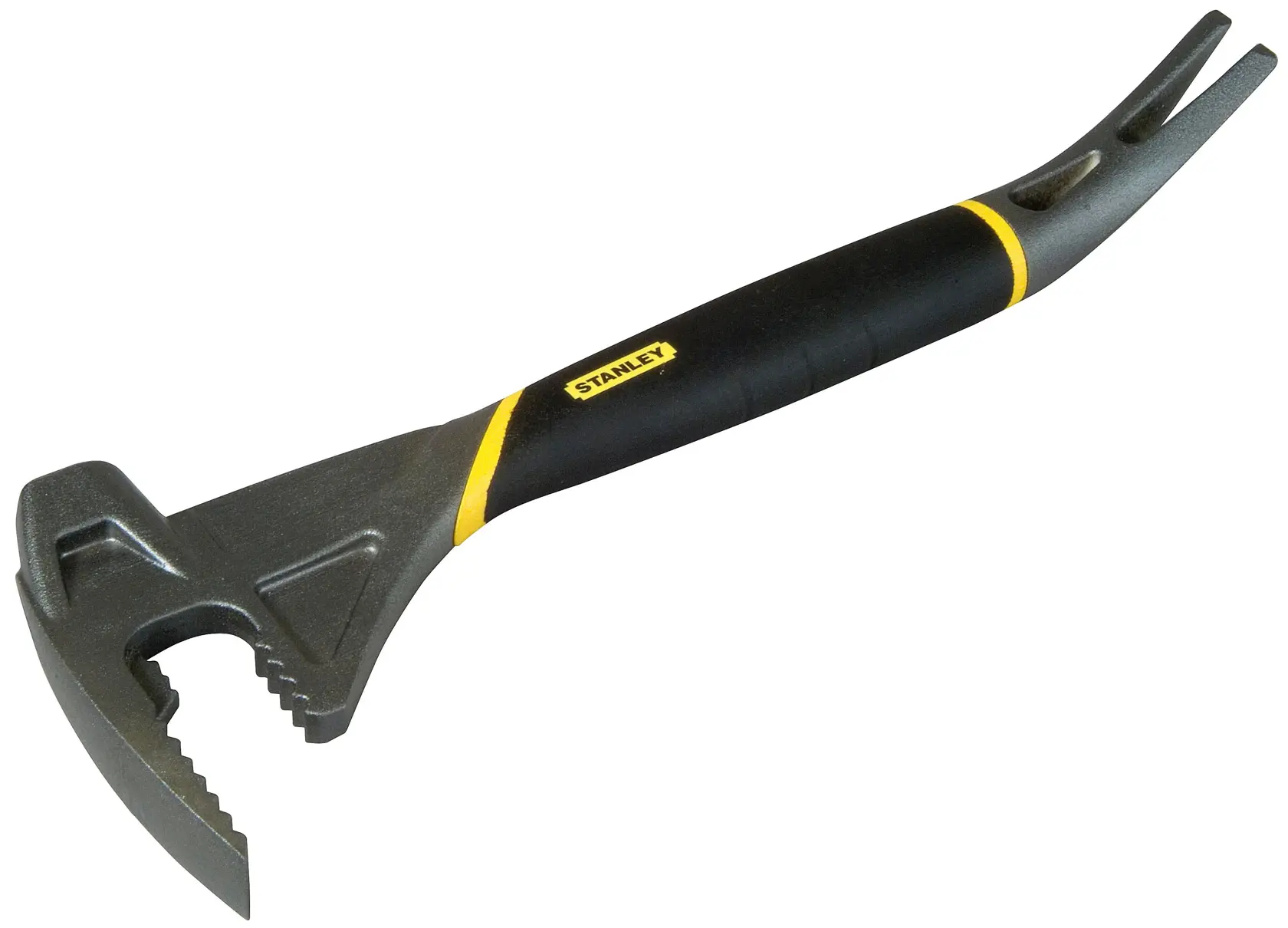 Stanley multi-purpose pry bar with a black and yellow handle, featuring serrated jaws and a nail puller end.