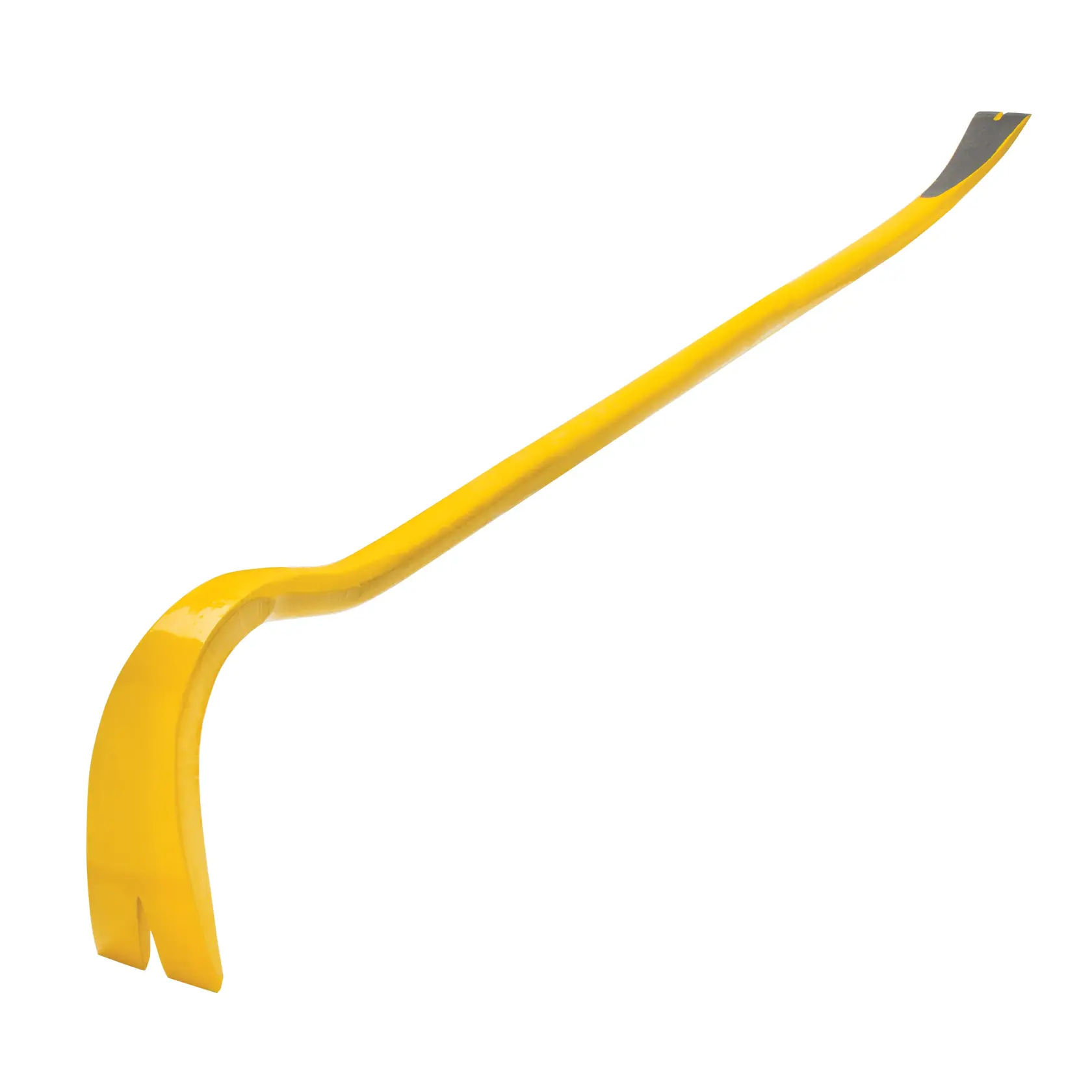 Yellow steel crowbar with curved and flat ends, used for prying and demolition tasks.