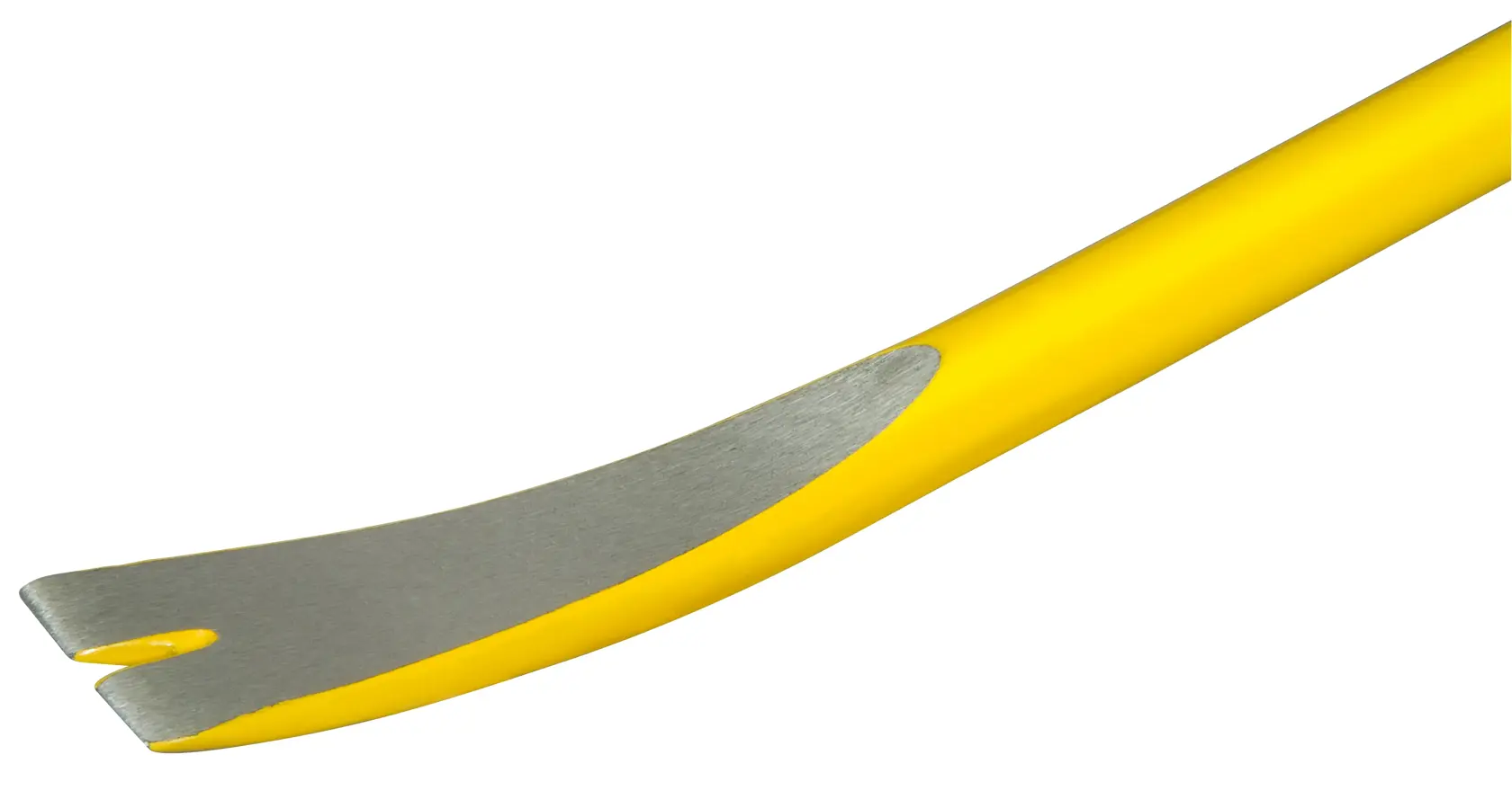 STANLEY 1-55-504 pry bar with yellow handle and polished metal end, angled close-up on white background.