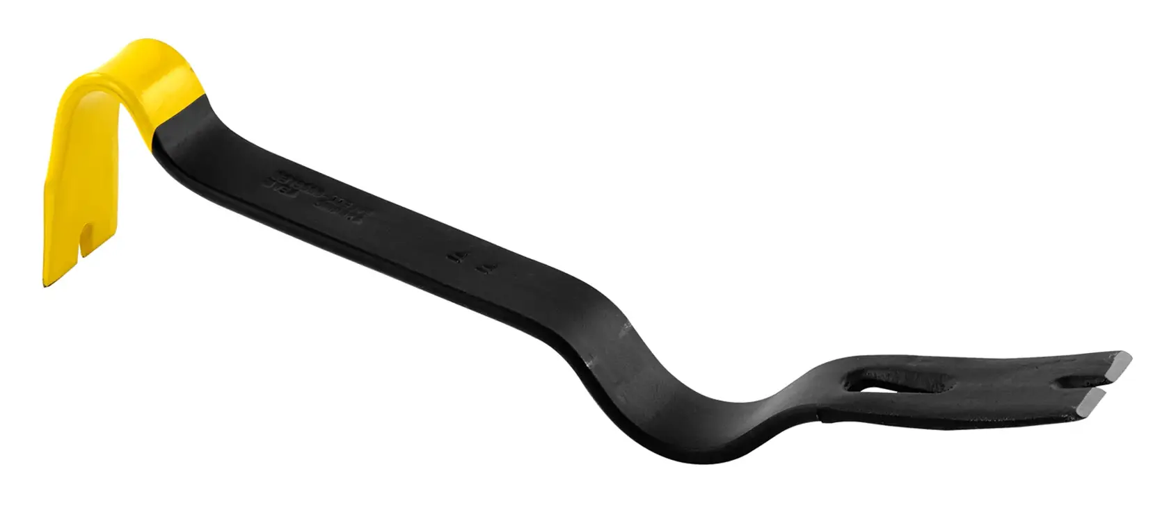 STANLEY 1-55-525 curved claw bar with black body and yellow end, shown on white background, side angle.