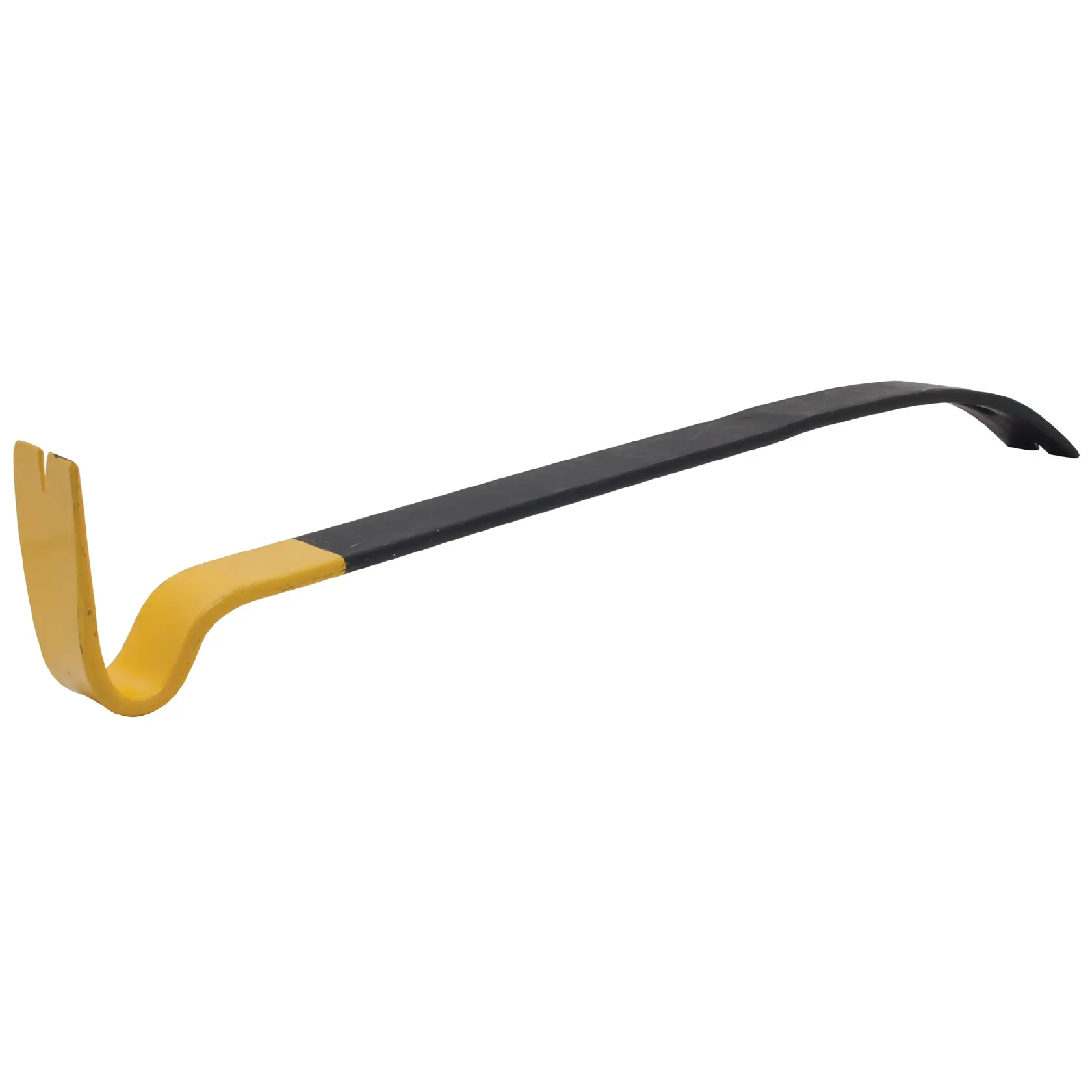 Stanley crowbar with yellow-painted curved end and flat black shaft for prying and removing nails.
