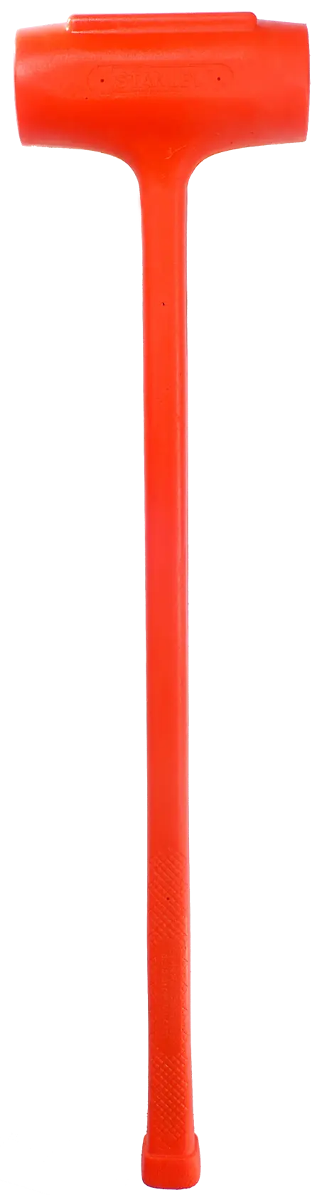 Bright orange sledgehammer with a long handle, photographed against a white background.