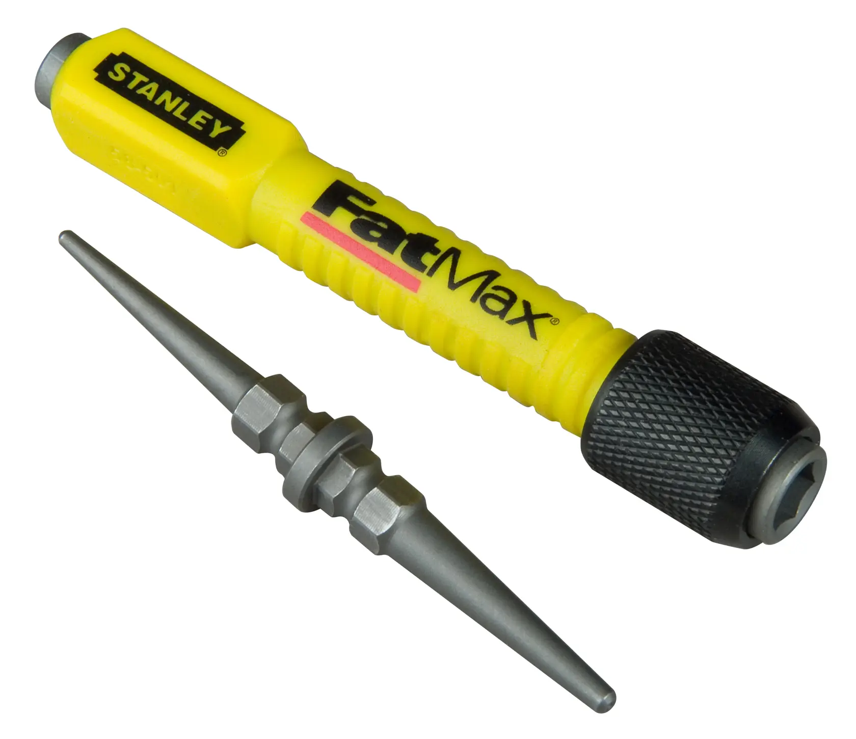 STANLEY 1-58-501 FatMax yellow automatic center punch with steel tip, side angle on white background.