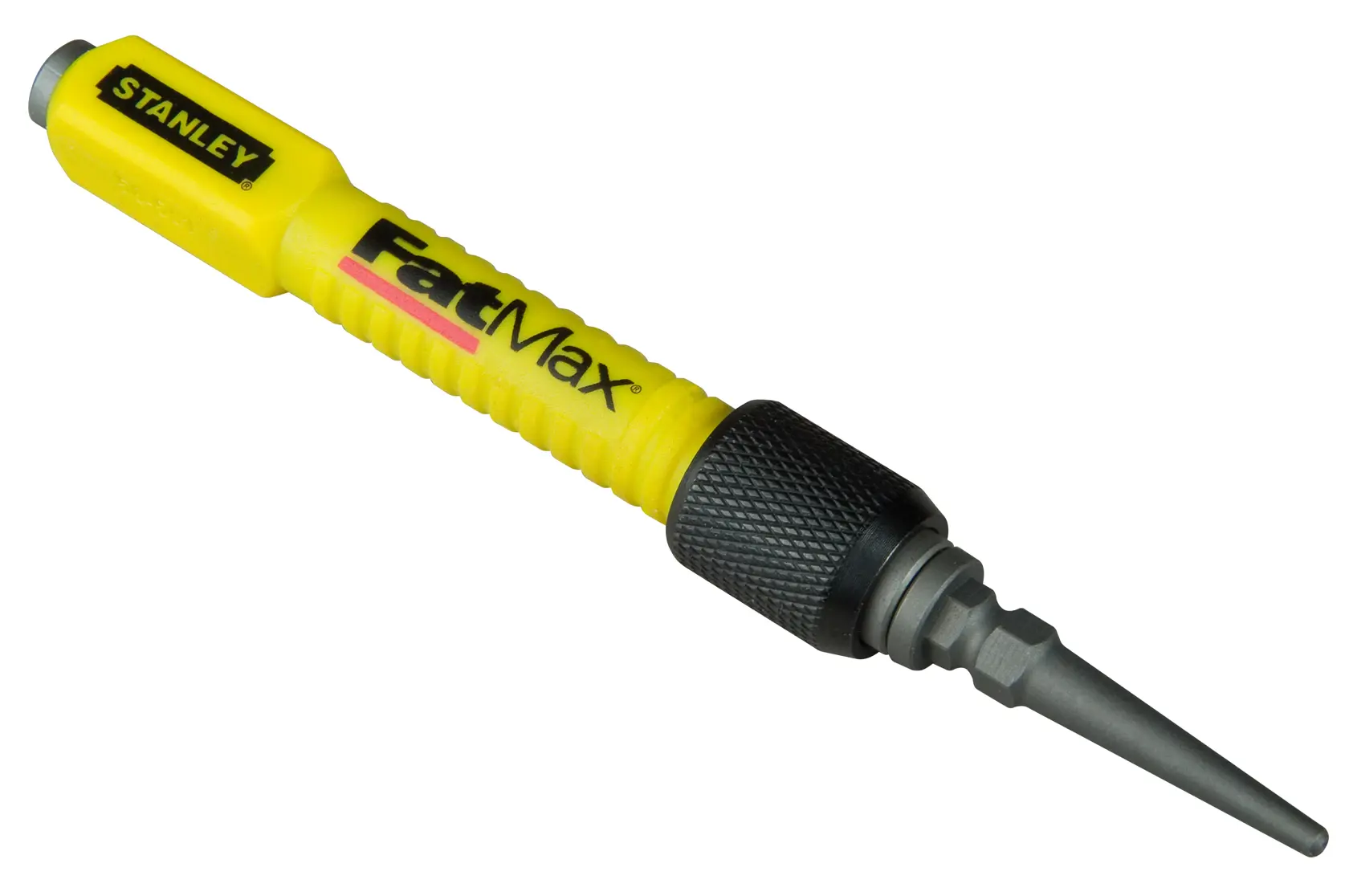 STANLEY 1-58-501 yellow and black FatMax automatic center punch, angled product photo on white background.