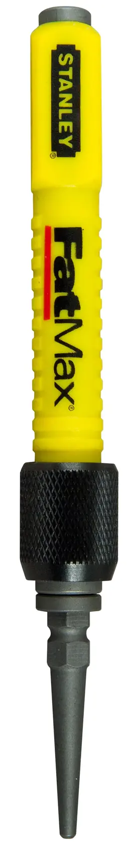 Stanley FatMax automatic center punch with yellow handle and steel tip.