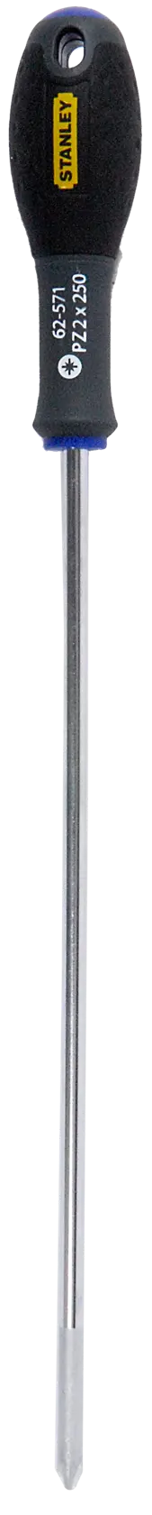 Photo of STANLEY 1-62-571 screwdriver with black handle and long silver shaft, front angle on white background.