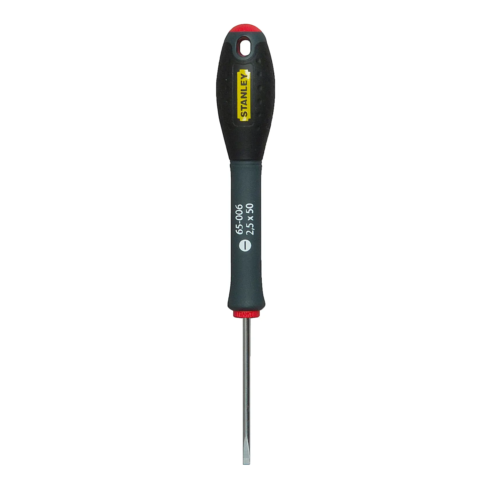 STANLEY 1-65-006 slotted screwdriver front view, black and yellow handle, silver blade, white background.