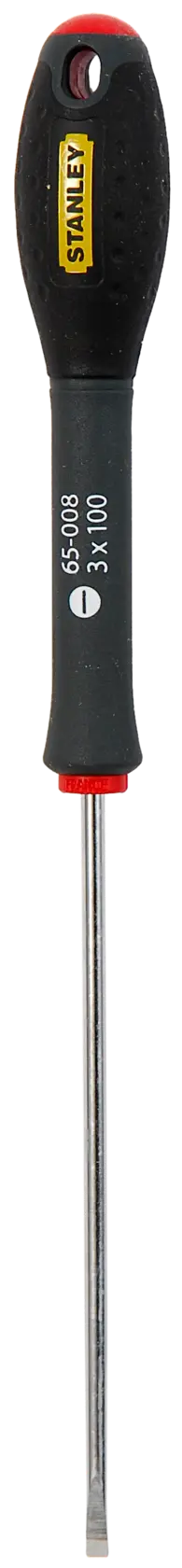 Stanley flathead screwdriver with black handle and metal shaft, tool for driving screws.