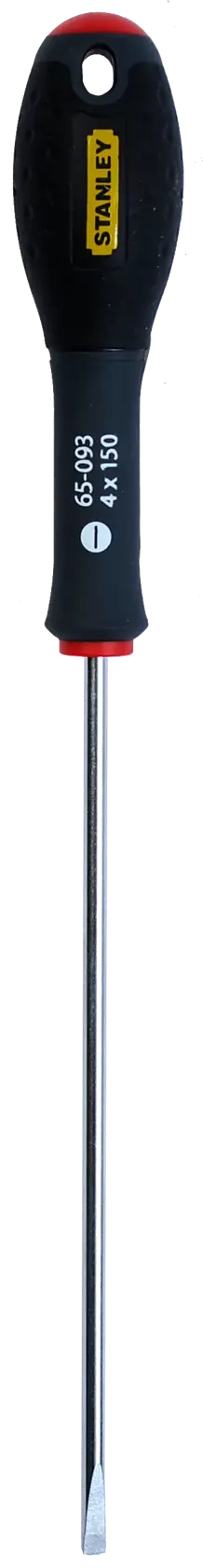 Stanley flathead screwdriver with black handle and metal shaft, model 1-65-093, shown on white background.
