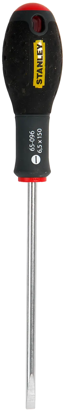 Stanley flat-head screwdriver with black and red handle and silver metal shaft, model 1-65-096.