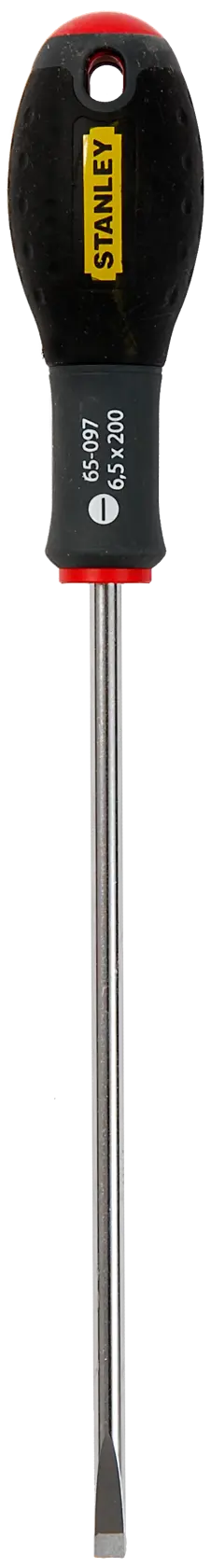 Stanley flat-head screwdriver with black handle and metal shaft, shown upright against a white background.
