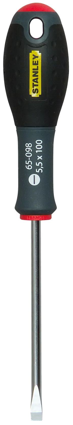 Stanley flathead screwdriver with black, red handle and metal blade, model 1-65-098, 5.5 x 100 mm.
