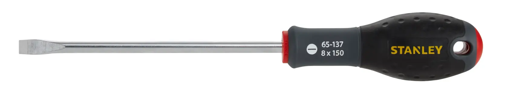 Stanley flathead screwdriver with black handle and silver shaft, model 1-65-137, shown on white background.