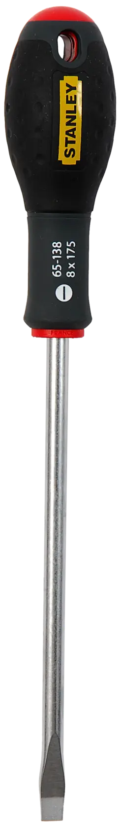 STANLEY 1-65-138 flathead screwdriver with black and red handle, front angle, photography product.