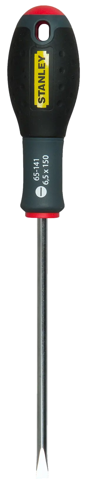 STANLEY 1-65-141 slotted screwdriver with black ergonomic handle, front view, on white background.