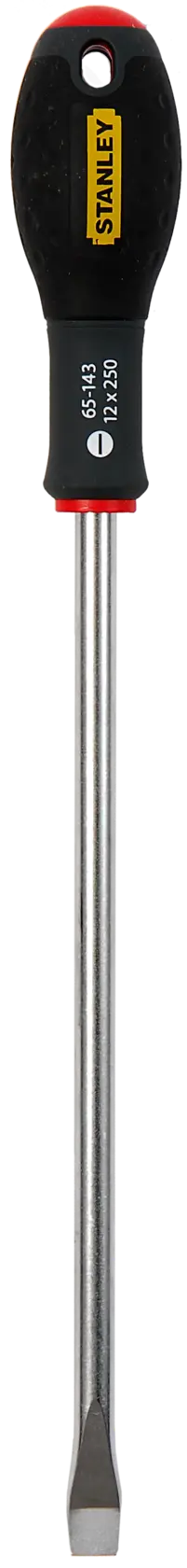 Photo of STANLEY 1-65-143 flathead screwdriver with black handle, front angle on white background.