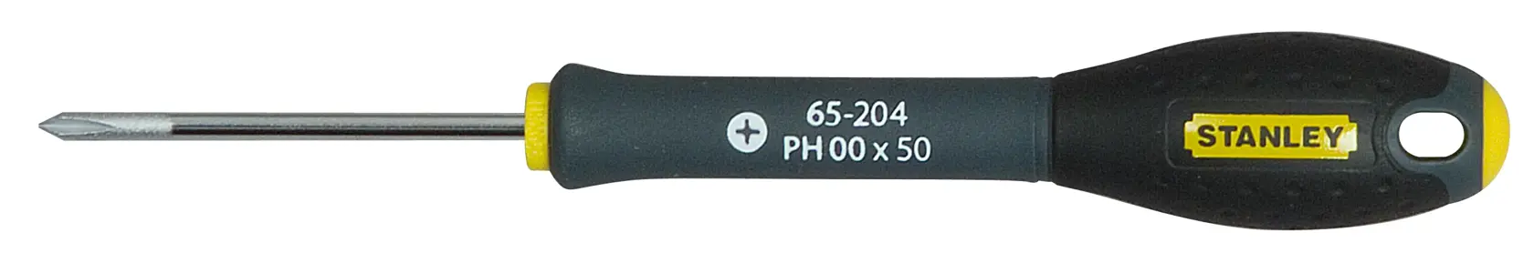 STANLEY 1-65-204 precision Phillips screwdriver with black and yellow handle, side view on white background.