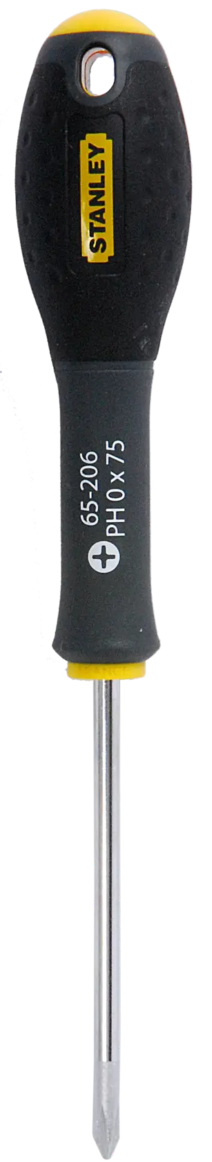 STANLEY 1-65-206 Phillips screwdriver with black and yellow handle, front angle, on white background.