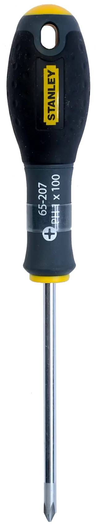 STANLEY 1-65-207 Phillips screwdriver with black and yellow handle, front view on white background.