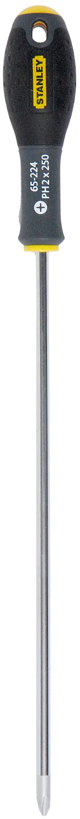 STANLEY 1-65-224 Phillips screwdriver with long chrome shaft and black-yellow ergonomic handle, front view on white.