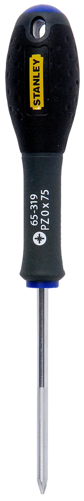 STANLEY 1-65-319 Pozidriv screwdriver, black and yellow handle, front angle photo.