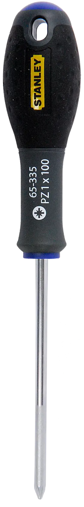 STANLEY 1-65-335 Pozidriv screwdriver with black and yellow handle, straight-on view, white background.