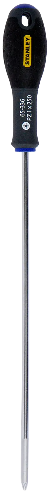 STANLEY 1-65-336 long Phillips screwdriver with black handle, straight-on angle, on white background.