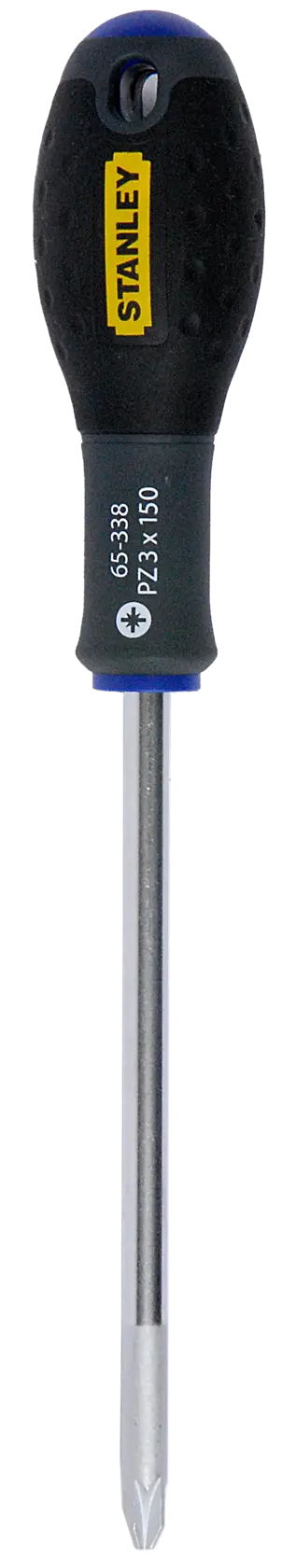 STANLEY 1-65-338 Pozidriv screwdriver with black and yellow handle, photographed from above on white background.
