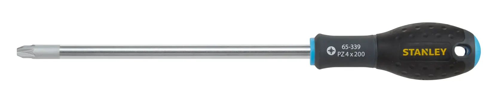 Stanley long Pozidriv screwdriver with black handle and silver shaft, suitable for detailed screw work.