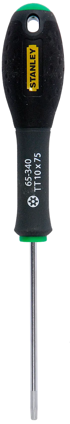 STANLEY 1-65-340 Torx screwdriver with black and green handle, TT10x75, front view on white background.