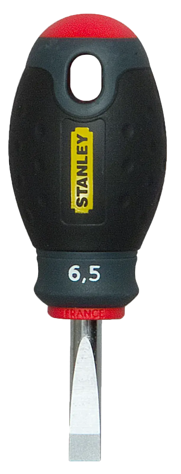 STANLEY 1-65-404 stubby flathead screwdriver, black and red handle, front view on white background.