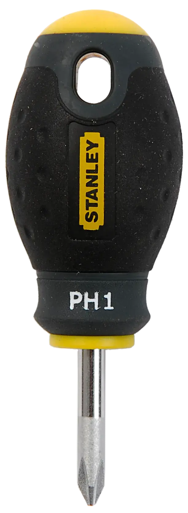 STANLEY 1-65-406 stubby Phillips screwdriver, black and yellow handle, front view, photography.