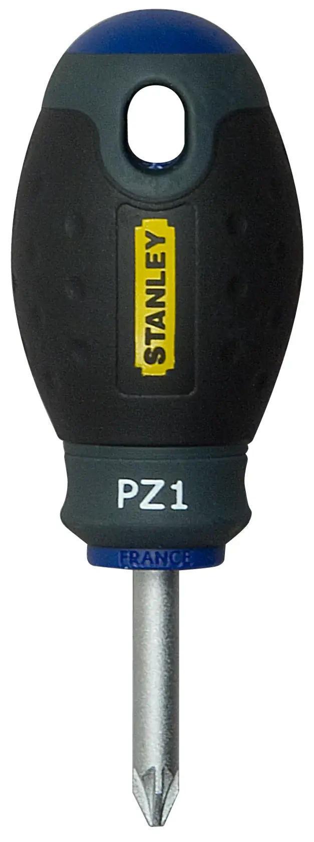 Photo of STANLEY 1-65-408 stubby Pozidriv screwdriver, black handle, front view on white background.