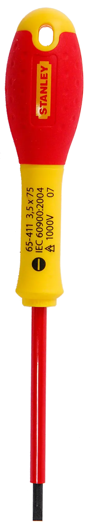 STANLEY 1-65-411 insulated flathead screwdriver with red and yellow handle, front angle, white background.