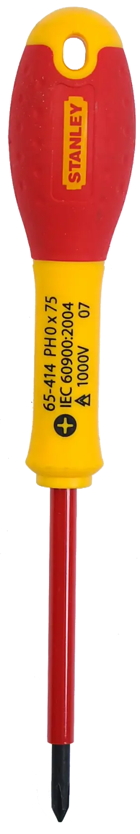 STANLEY 1-65-414 insulated Phillips screwdriver, red and yellow handle, front angle on white background.