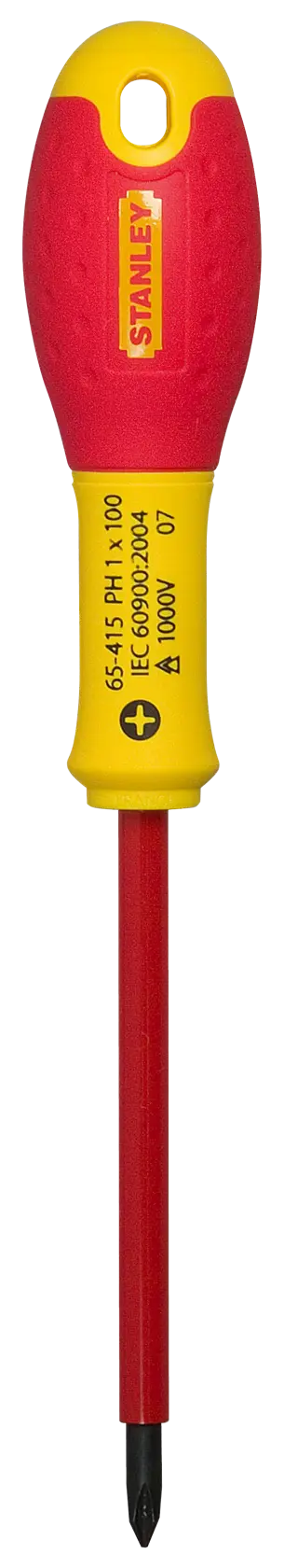 Stanley insulated Phillips screwdriver with red and yellow handle for electrical work, model 1-65-415.
