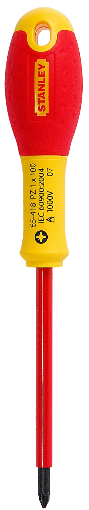 STANLEY 1-65-418 insulated Phillips screwdriver with yellow and red handle, front angle on white background.