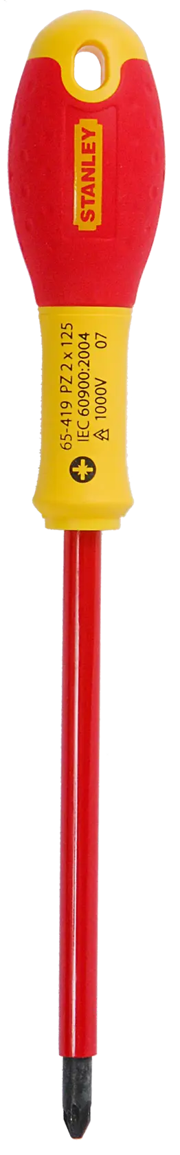 STANLEY 1-65-419 insulated Phillips screwdriver with red and yellow handle, product photo on white background.