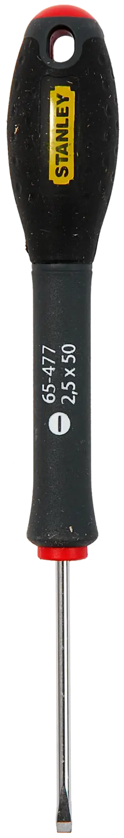Stanley flathead screwdriver with black handle and metal shaft, model 1-65-477, shown upright.